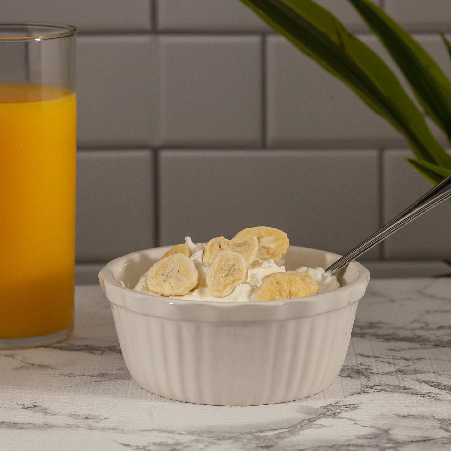 Freeze Dried Bananas in a bowl of yogurt