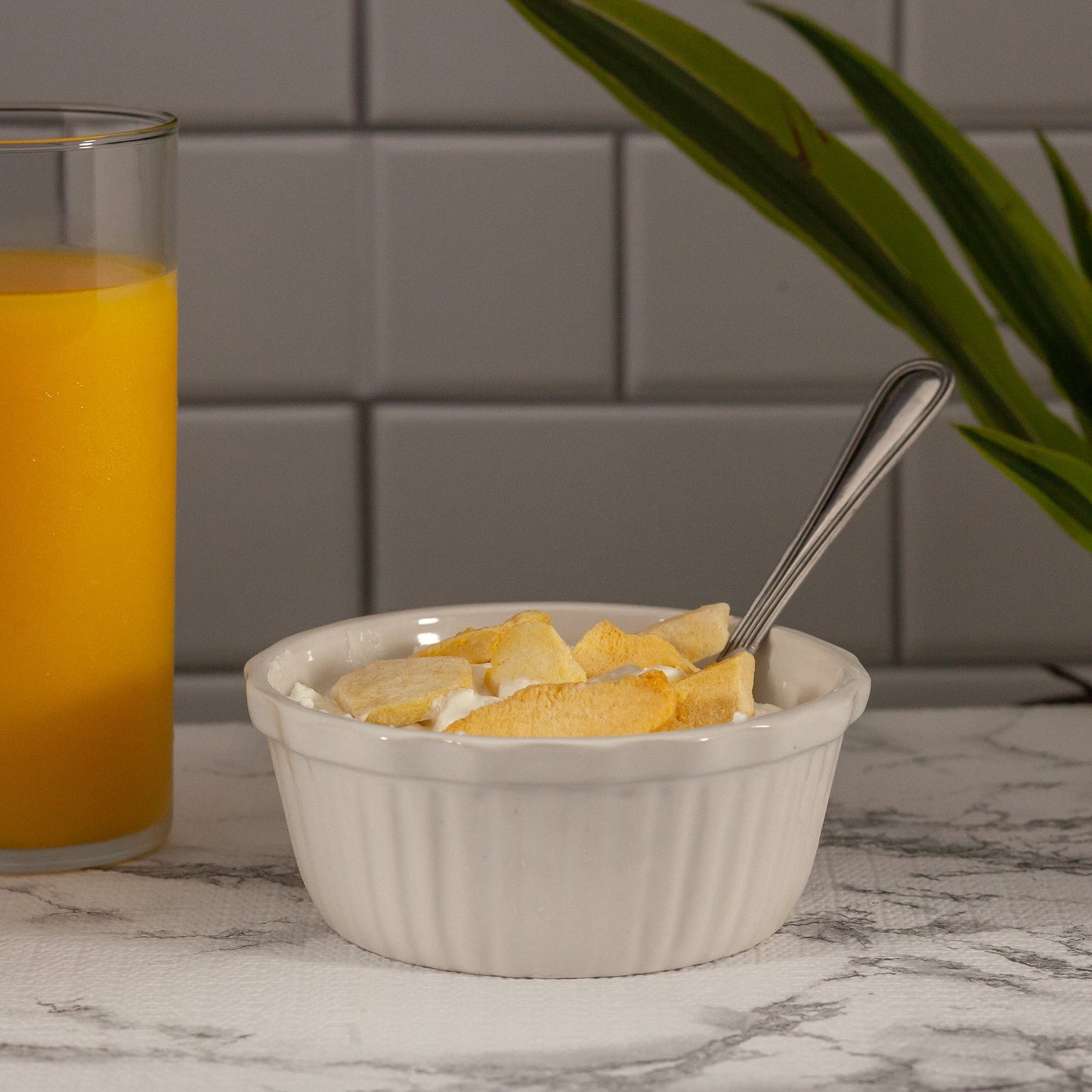 Freeze Dried Peaches in a bowl of yogurt