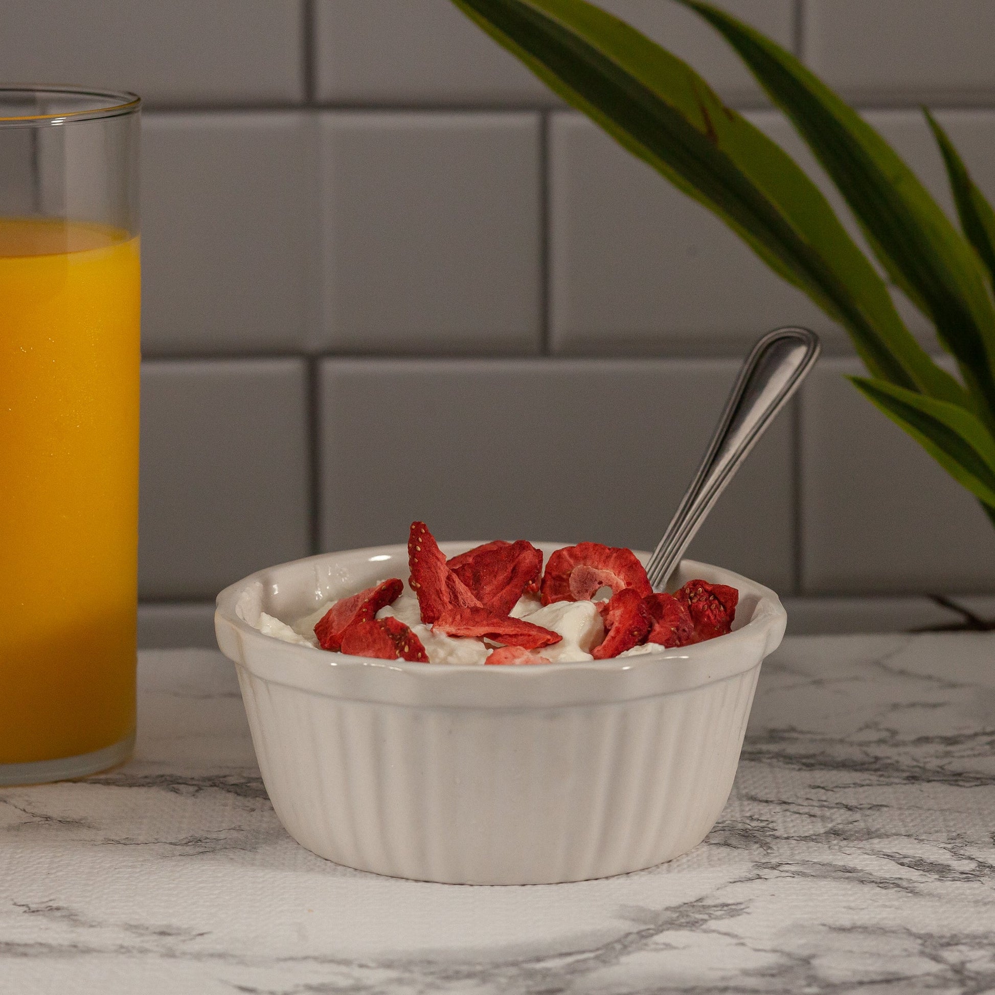 Freeze Dried Strawberries and yogurt in a bowl